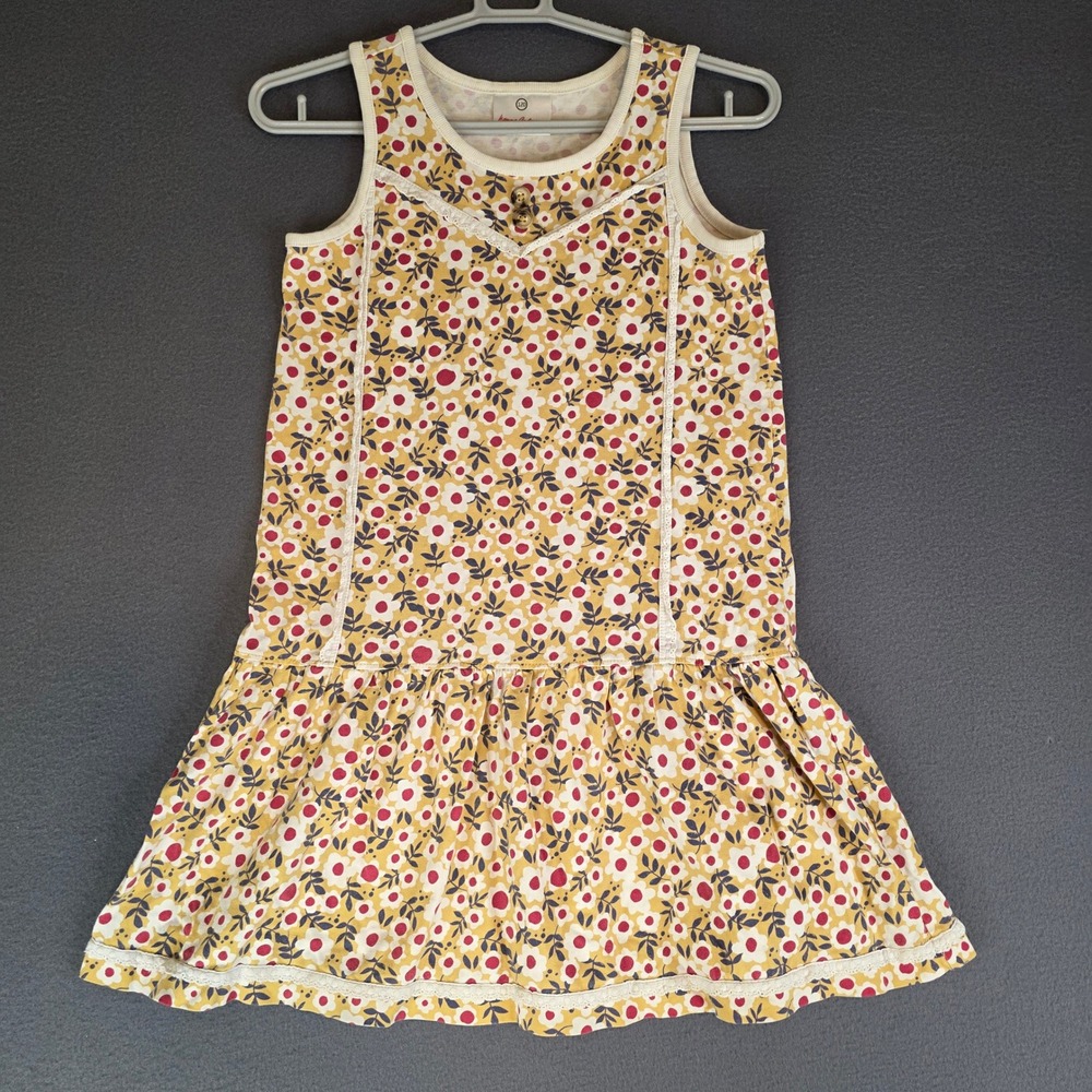 Hanna Andersson Floral Drop Waist Dress Size 120 Yellow Red Lace Trim Sleeveless